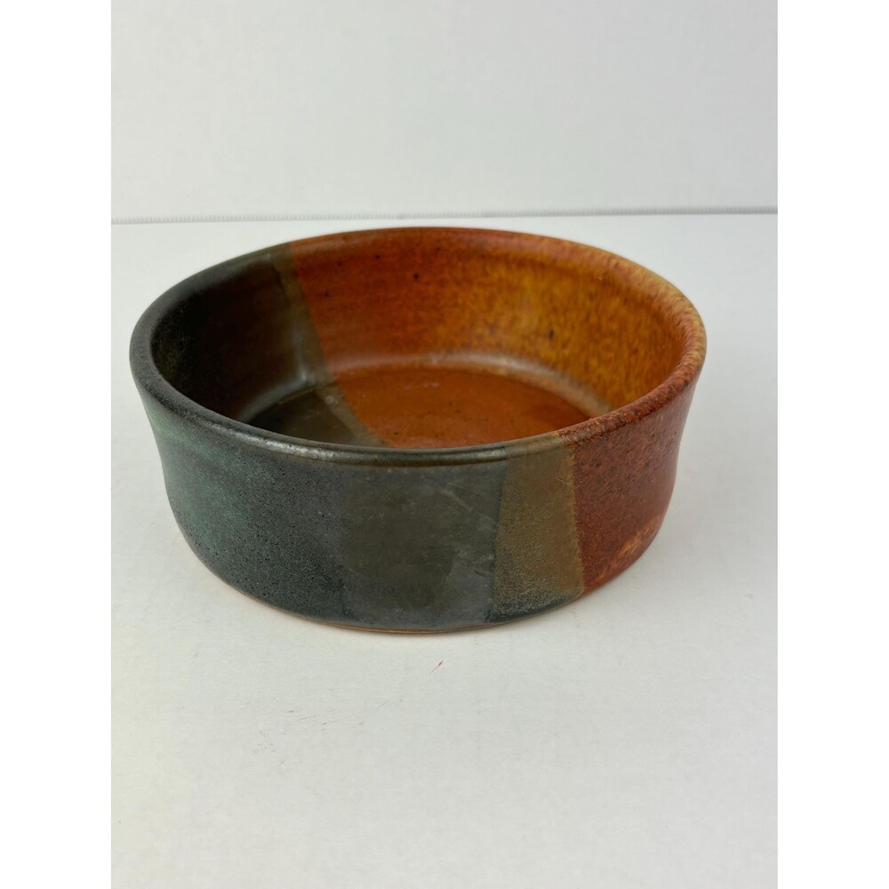 Vintage MCM Handmade Stoneware Bowl: Cream Glaze, Grey & Orange Design